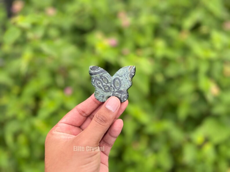 May include: A butterfly-shaped stone carving in shades of green and black is held up against a blurred green background. The stone has a detailed pattern and is held in a hand. The product is from Elite Crystal.