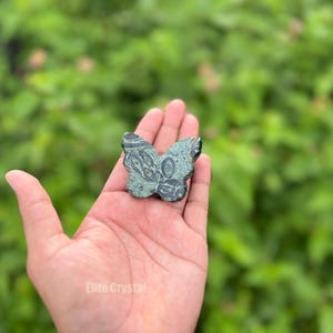 May include: A butterfly-shaped stone carving in shades of green and black, held in a hand. The stone has a detailed pattern and is set against a blurred green background. The product is a decorative item.