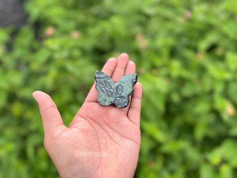 May include: A butterfly-shaped stone carving in shades of green and black, held in a hand. The stone has a detailed pattern and is set against a blurred green background. The product is a decorative item.