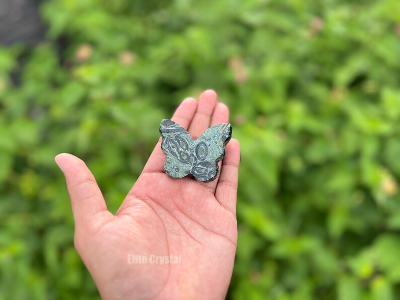 May include: A butterfly-shaped stone carving in shades of green and black, held in a hand. The stone has a detailed pattern and is set against a blurred green background. The product is a decorative item.