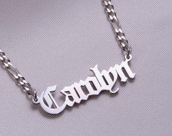 Personalized Gothic Name Necklace , Dainty Gothic Name Necklace Figaro Chain , Old English Name Necklace , Custom Old English Name Necklace