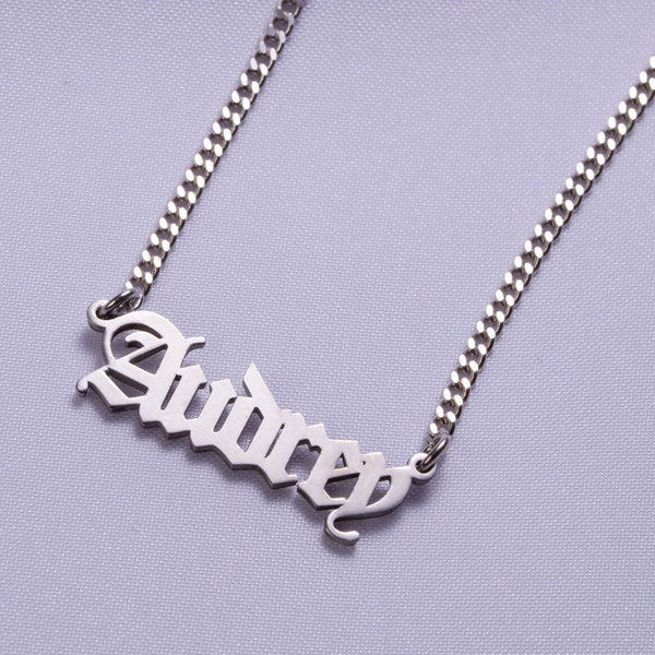 Old English Name Necklace, Curb Chain Name Necklace, Necklace with Name Old English, Halloween Gift, Gifts for Women, Gothic Necklace
