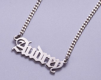 Old English Name Necklace, Curb Chain Name Necklace, Necklace with Name Old English, Halloween Gift, Gifts for Women, Gothic Necklace