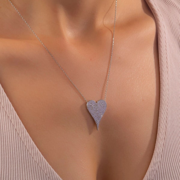 Collier Pave Diamond Stone Heart Shape, Collier Diamond Heart, Collier Dainty Minimaliste, Pendentif Diamond Heart, Cadeau de la Fête des Mères