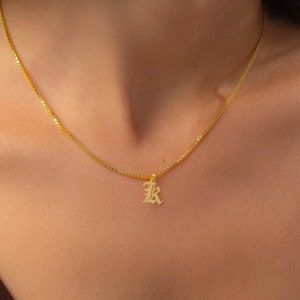 Personalized Old English Initial Necklace, Box Chain Initial Necklace, Customized Gothic Initial Letter Necklace Gift, Box Chain Letter Gift