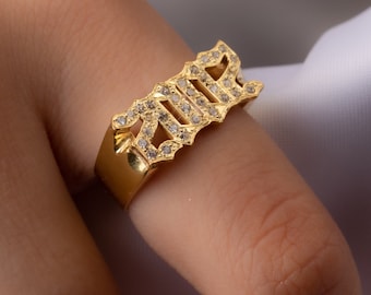 Gothic Date Ring - Stackable Year Ring - Personalized Date Ring - Pave Stone Date Ring - Birthday Ring - Mothers Gift - Mother&#39;s Day Gifts