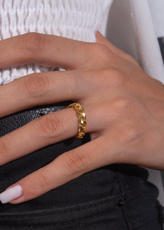 Gold Chain Ring, Gold Stacking Ring, Thick Chain Ring, Curb Chain