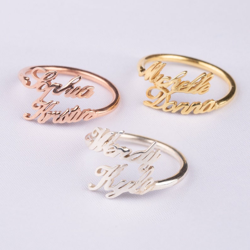 Double Name Ring , Two Name Ring in Sterling Silver , Gold and Rose Gold , Personalized Gift For Mom , Best Friend Gift , Christmas Gift image 1