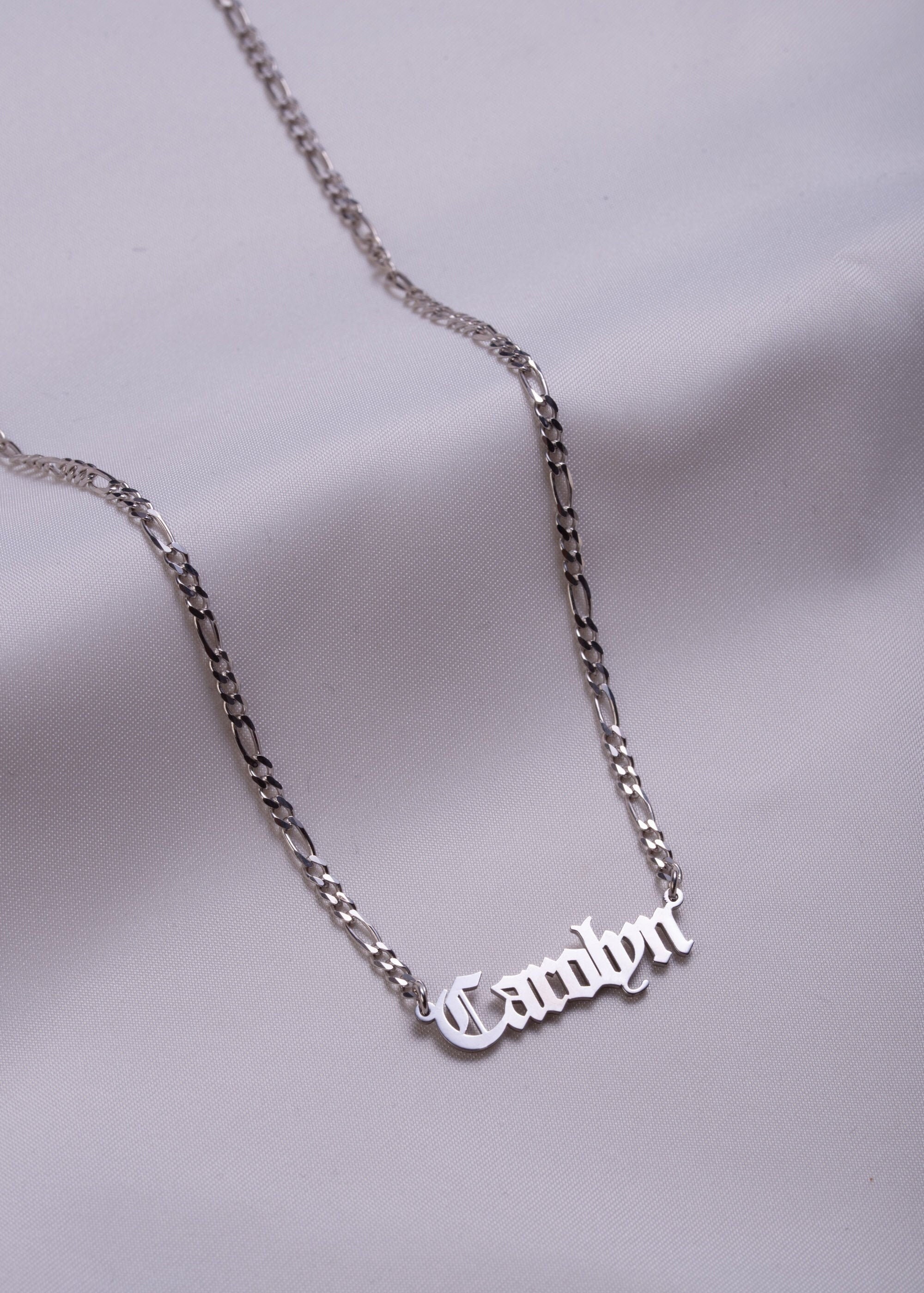 Personalized Gothic Name Necklace , Dainty Gothic Name Necklace Figaro Chain , Old English Name Necklace , Custom Old English Name Necklace