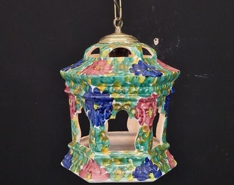 Very Pretty Vintage French Hand Painted Ceramic Flower Lantern Hanging Light