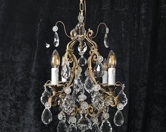 Gorgeous Heavy Antique French 4 Arm Caged Bronze Crystal Chandelier Light
