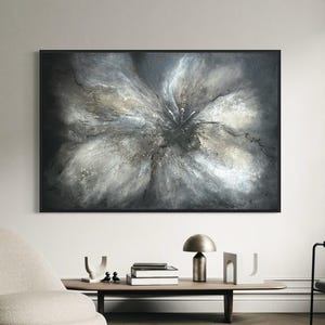 Tableau fleur XXL grand format 120x80x4cm en noir beige| Œuvre d'art abstraite moderne originale, peinte à la main en Allemagne