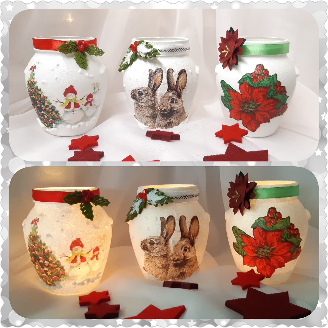 Decoupage Decorative Small Jar, Christmas Decoration With Led Tea Light