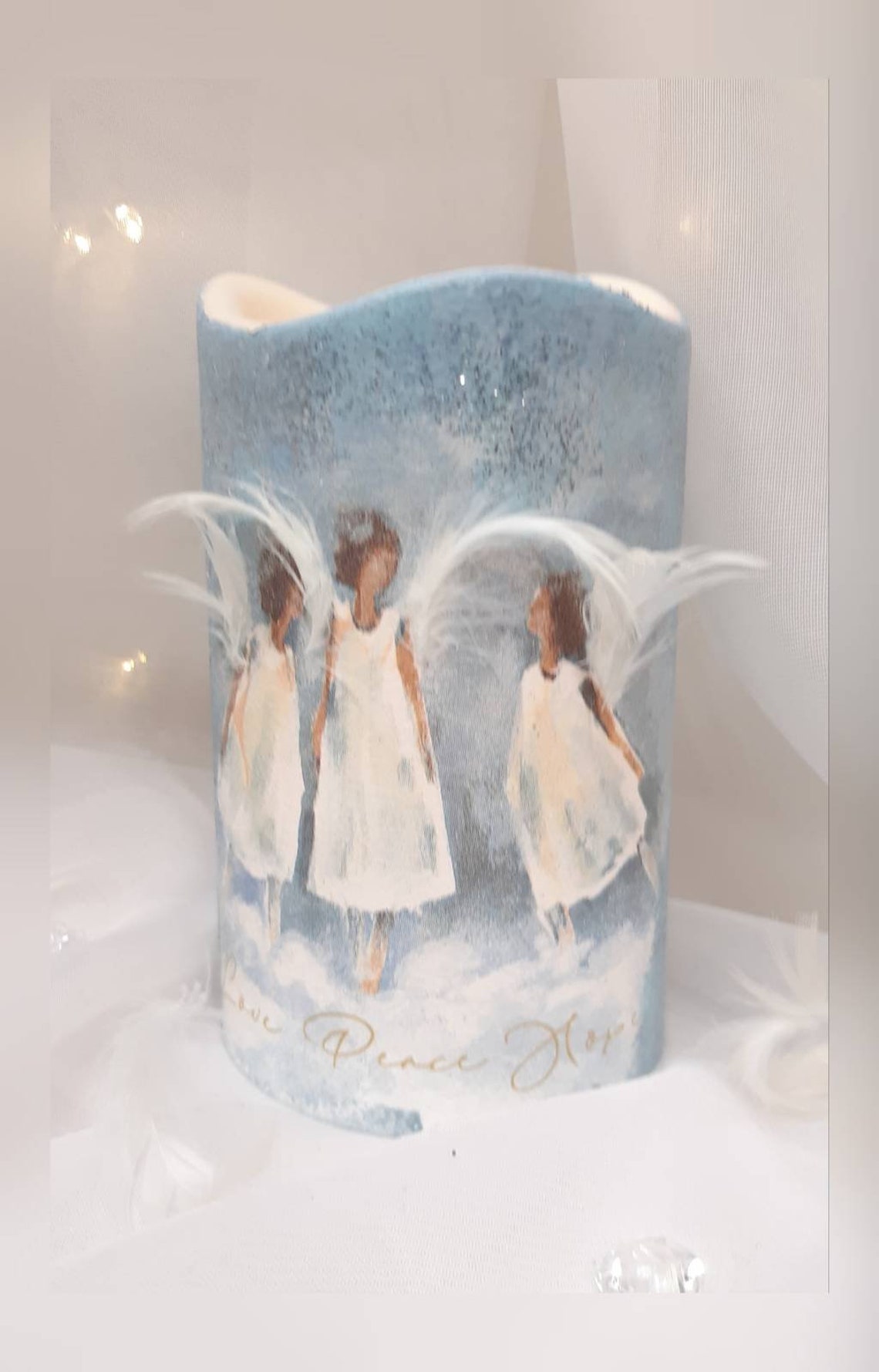 Pillar Led Candles With Decoupage, Angels, Love, Peace Hope, for Any