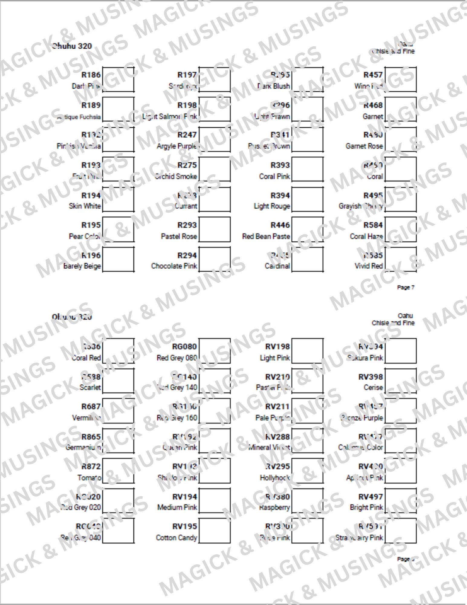 Blank Color Swatch Chart for Ohuhu 320 Oahu Alcohol Markers (broad