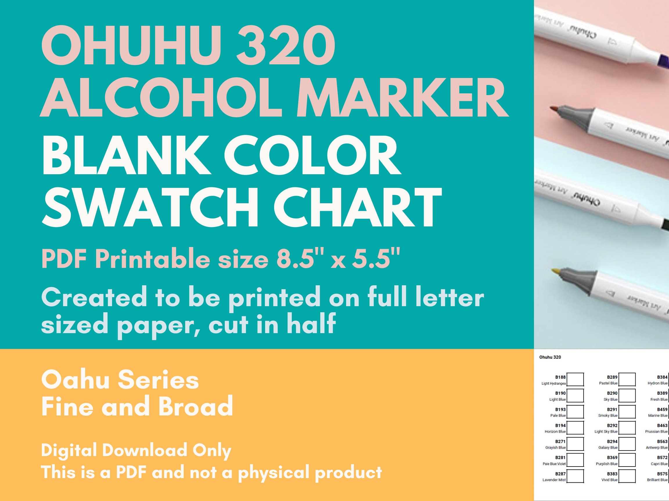 Ohuhu Honolulu B Set of 216 Brush and Fine Tip DIY Color Chart / Swatch  Sheet / Swatch Cards Alcohol Markers Digital Download 