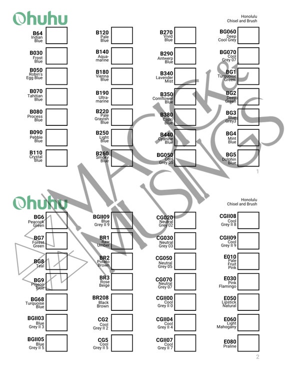 Blank Color Swatch Chart for Ohuhu 320 Honolulu Alcohol Marker Set brush &  Chisel 