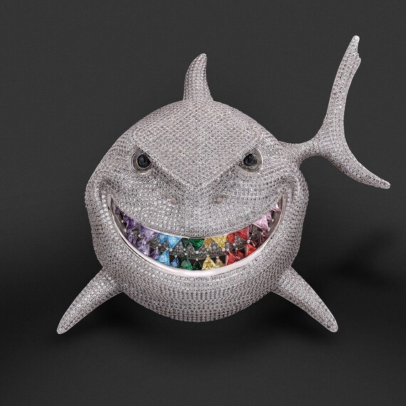 Iced Rainbow Teeth Shark Pendant 5 Inch 