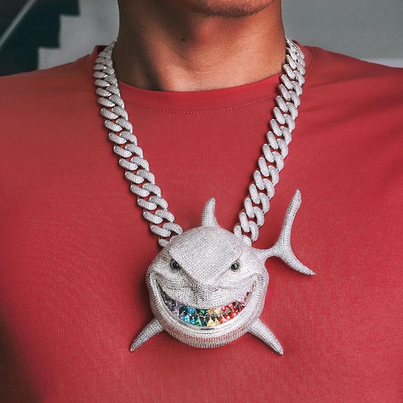 Iced Rainbow Teeth Shark Pendant 5 Inch 