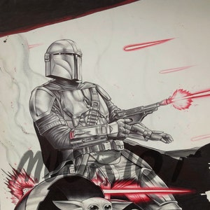 Mandolorian och Baby Yoda med kulspetspenna (fan art-tryck)