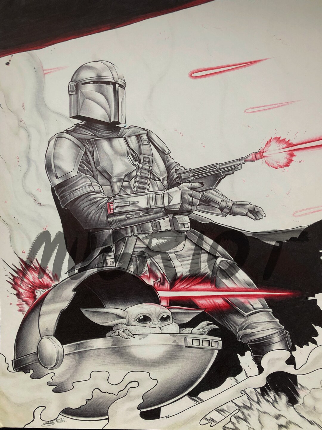 Mandolorian and Baby Yoda Ballpoint Pen Drawing fan Art Print Etsy
