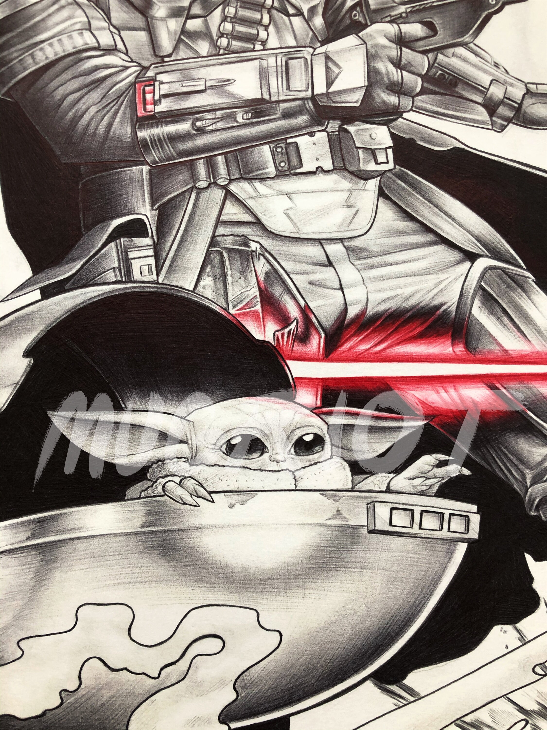 Mandolorian and Baby Yoda Ballpoint Pen Drawing fan Art Print Etsy