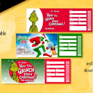 Druckbares Weihnachtsticket „Wie der Grinch gestohlen hat“, bearbeitbares Weihnachtsticket, Event-Überraschungseinladungsgeschenk, Musical-Theater-Faux-Ticket