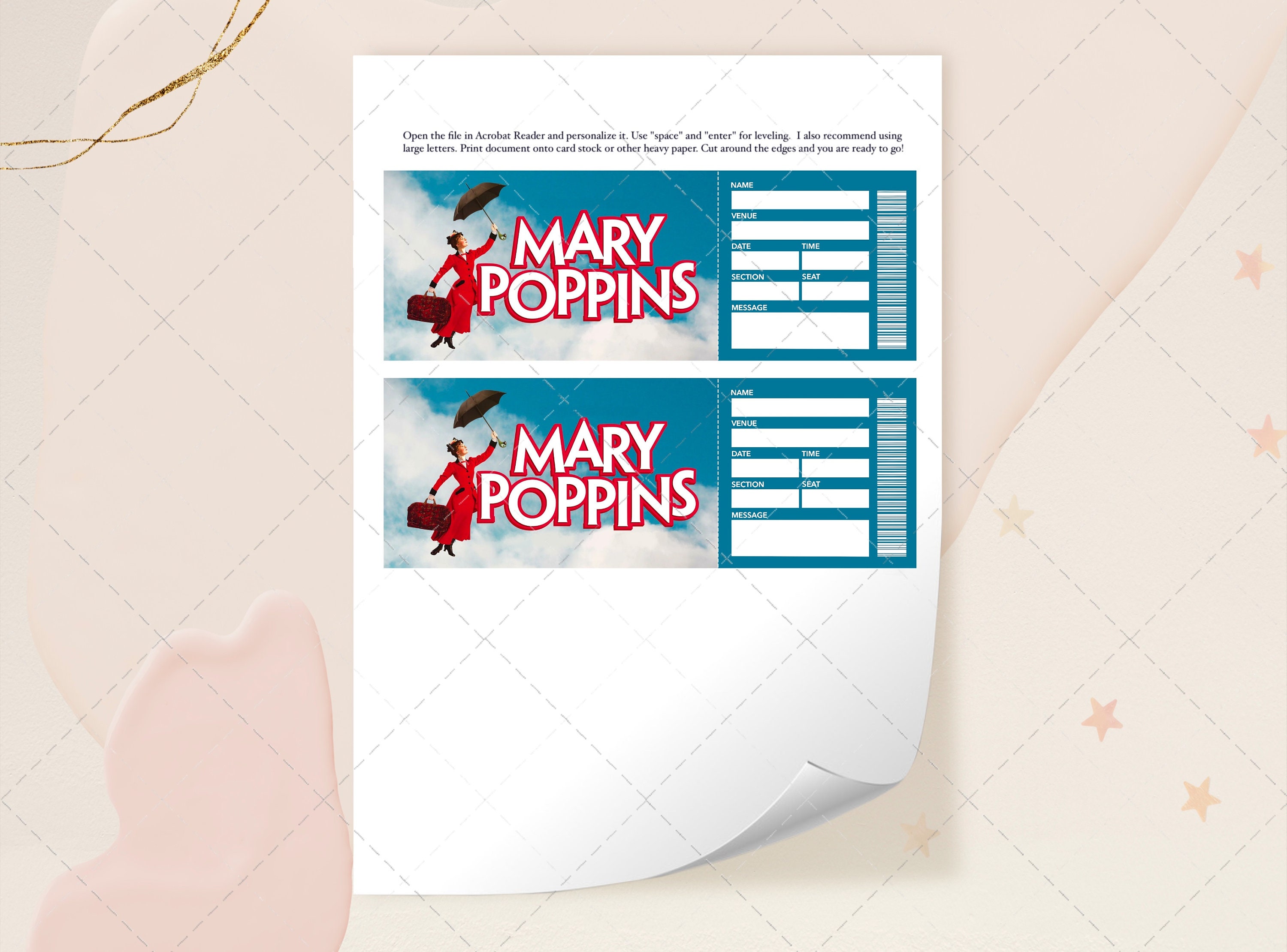 Printable MARY POPPINS Ticket, Broadway Surprise Musical Collectible ...