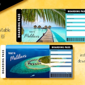 Billets Maldives, Billet modifiable imprimable, Billet de vacances surprise, Révélation du voyage, Carte d'embarquement