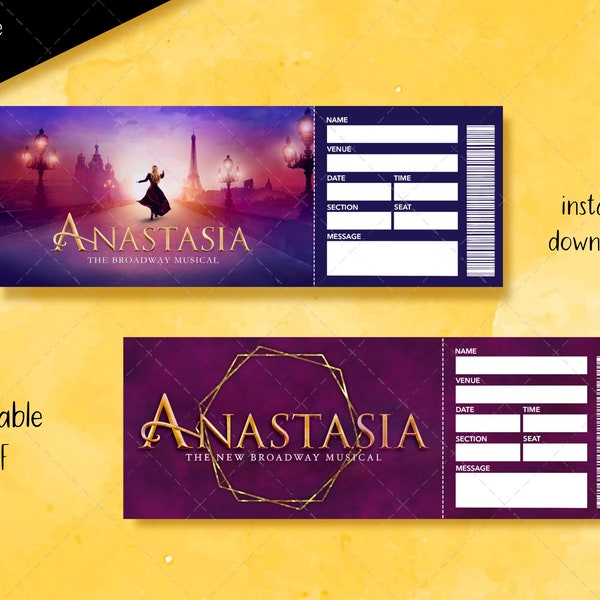 Printable Anastasia Editable Musical Ticket, Editable Broadway Surprise Musical Theatre, Faux Ticket