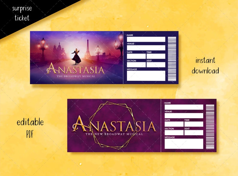 Printable Anastasia Editable Musical Ticket, Editable Broadway Surprise Musical Theatre, Faux Ticket image 1