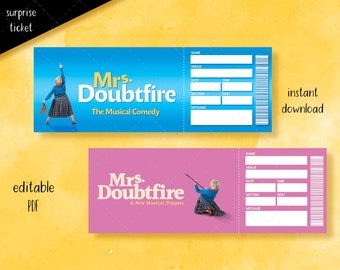Printable Mrs Doubtfire Broadway Surprise Ticket, Musical Collectible Theater Ticket Editable Musical Theatre Faux Event Admission