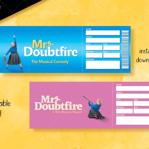 Printable Mrs Doubtfire Broadway Surprise Ticket, Musical Collectible Theater Ticket Editable Musical Theatre Faux Event Admission