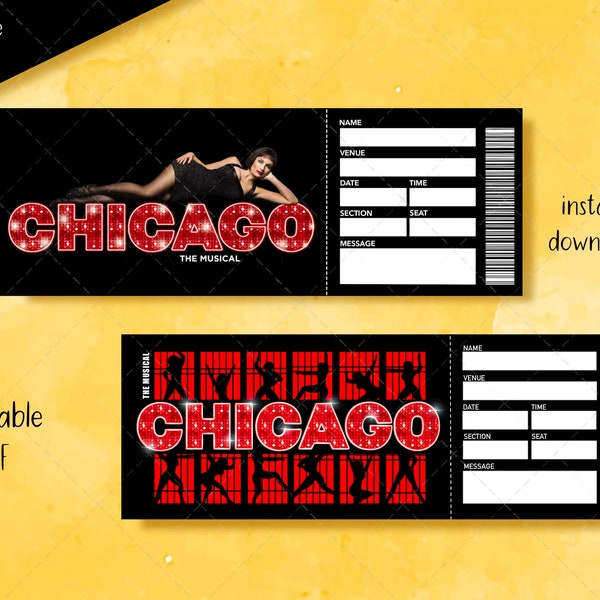 Printable Chicago ticket, Editable broadway ticket, Event surprise gift, Musical Theatre Faux ticket