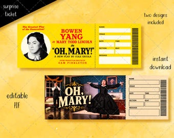 Billet pour Oh Mary, billet Broadway imprimable et modifiable, cadeau surprise pour un événement, faux billet de comédie musicale