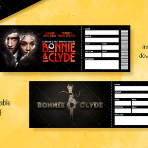 Printable Bonnie Clyde Surprise Ticket, Musical Collectible Theater Ticket Editable Musical Theatre Faux Event Admission