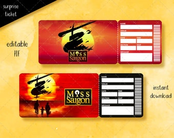 Printable Miss Saigon Broadway Surprise Ticket, Musical Collectible Theater Ticket, Editable Musical Faux Event Admission Keepsake