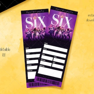 Afdrukbaar SIX Broadway-ticket, bewerkbaar verrassingsmuziektheater, zes bewerkbare muziektickets