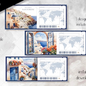 Billet surprise pour Santorin, Grèce, carte d'embarquement imprimable, cadeau personnalisé modifiable