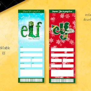 Printable Elf ticket, Musical ticket, Editable Musical Christmas show, Theater Ticket, Collectible Ticket, Faux Event Admission