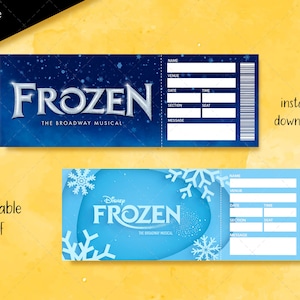 Entrada sorpresa de Frozen para Broadway, entrada de teatro coleccionable imprimible y editable para el musical de Frozen, entrada a un evento musical de imitación.