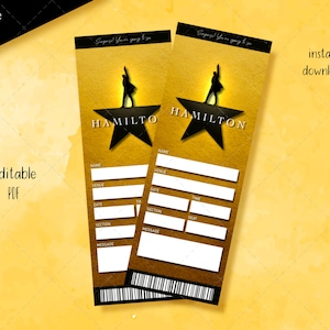 Druckbares Hamilton Broadway-Ticket, bearbeitbares Ticket, Event-Überraschungsgeschenk, Musical-Theater-Faux-Ticket