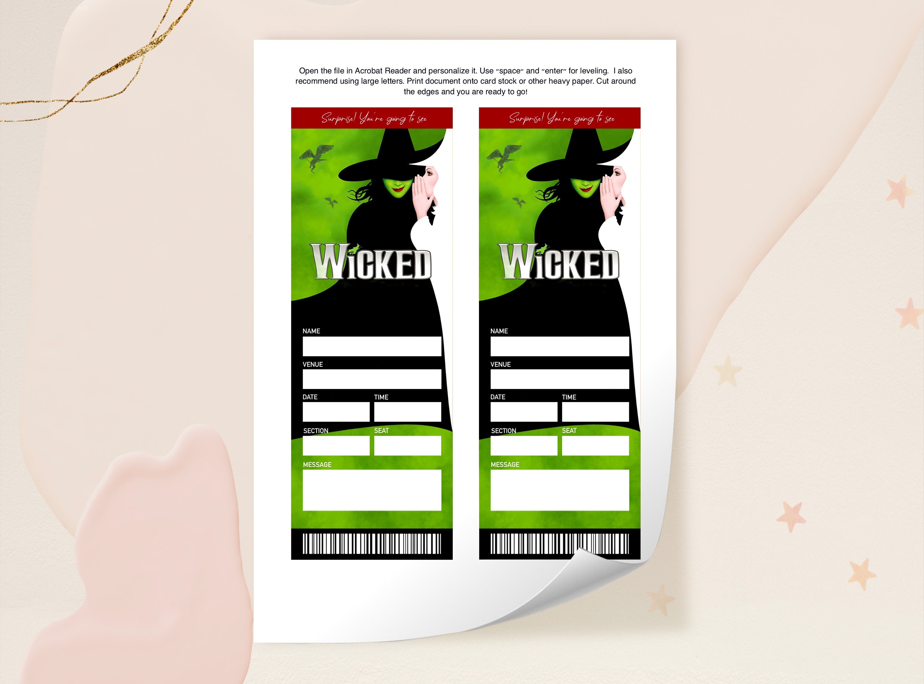 Printable Wicked Ticket, Editable Broadway Surprise Musical Theatre ...