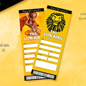 Druckbares Broadway-Ticket für den König der Löwen, bearbeitbares Musical-Ticket, Theater-Faux-Überraschungsveranstaltung, sofortiger Download
