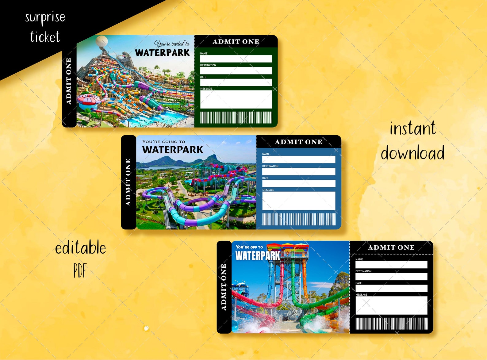 Waterpark Printable Ticket Template Gift Voucher Surprise Reveal 
