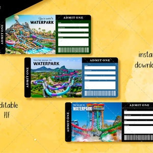 Wasserpark Druckbare Ticketvorlage, Geschenkgutschein, Überraschungsticket, Bearbeitbare Eventticketvorlage, Download, Themenpark