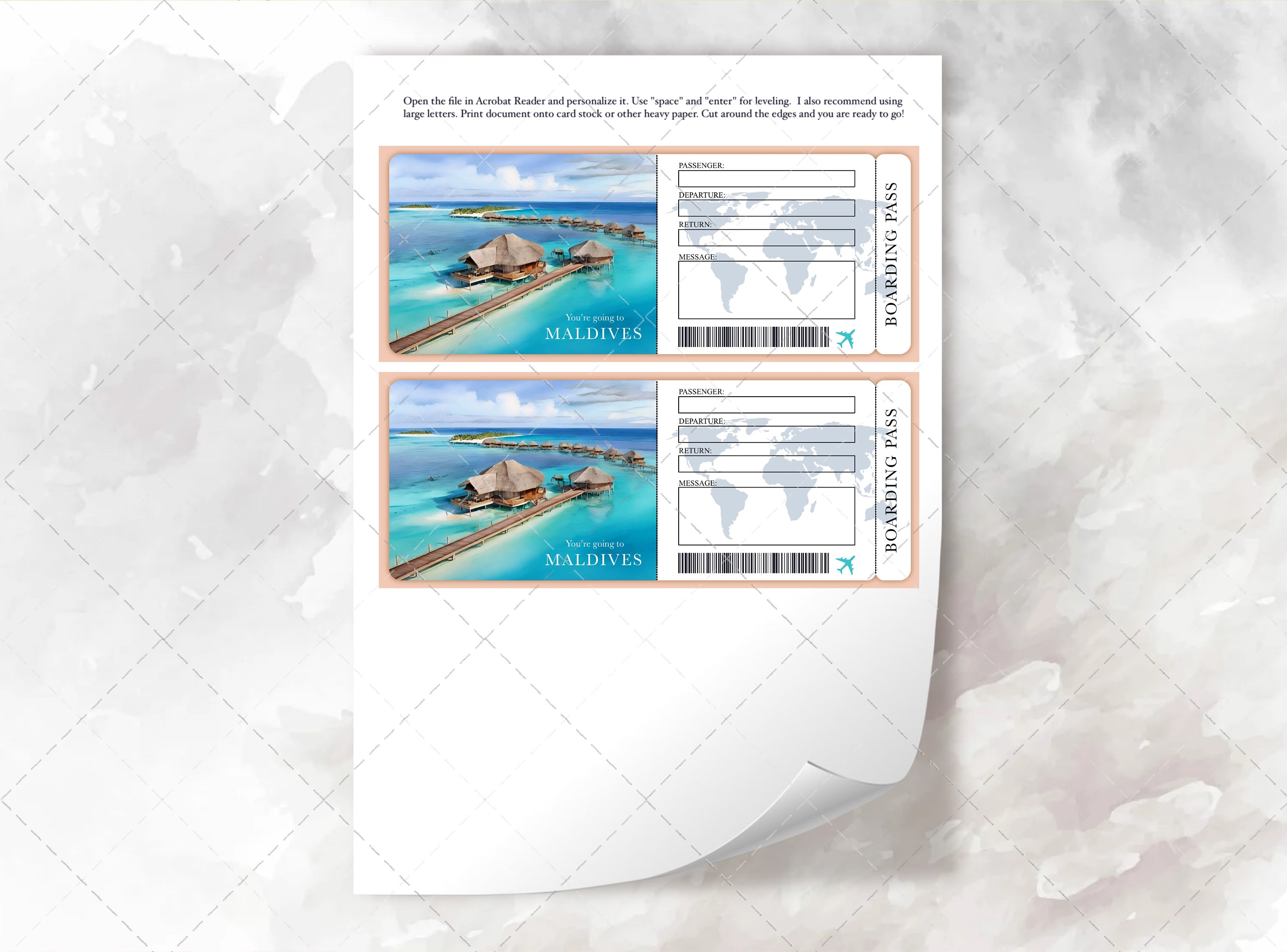 Editable MALDIVES Ticket, Trip Surprise Gift, Printable Airline Ticket