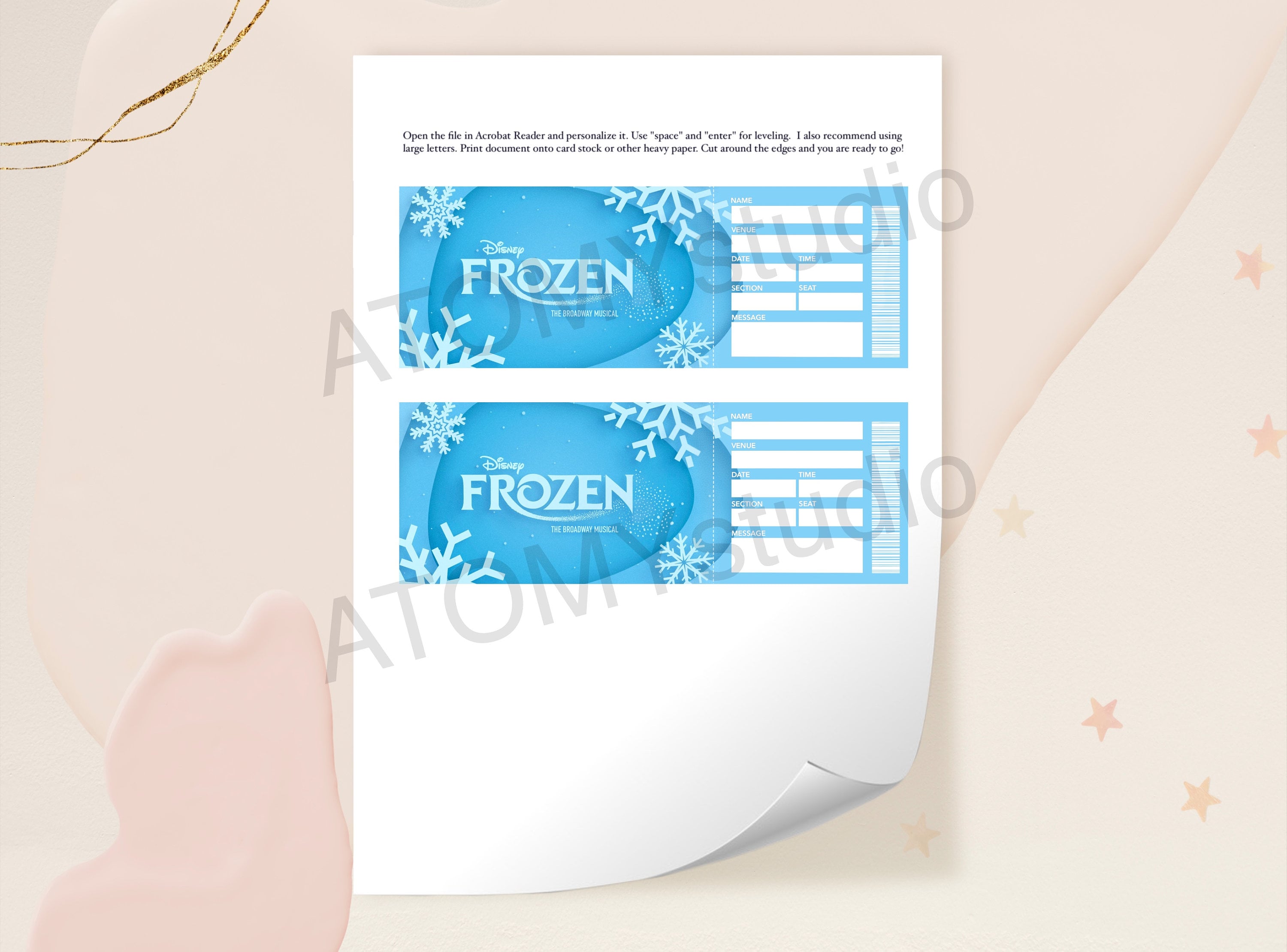 Frozen Broadway Surprise Ticket, Printable Editable Frozen Musical