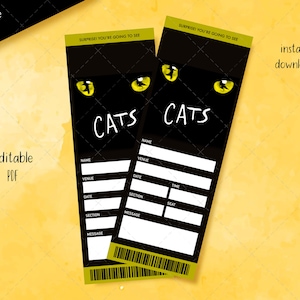 Druckbare CATS-Überraschungskarte, Musical-Sammeltheaterkarte, bearbeitbare Katzen-Eintrittskarte, Souvenir-Andenken
