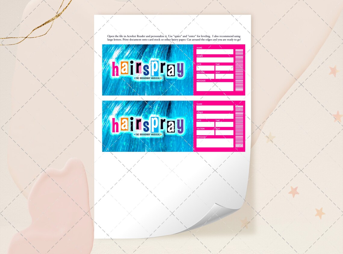Printable Hairspray Ticket, Editable Broadway Surprise Musical Theatre, Faux Collectible Tickets